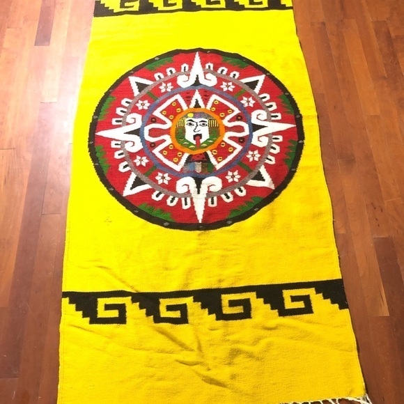 Vintage Yellow Aztec Calendar Rug Runner Tapestry - Picture 2 of 8